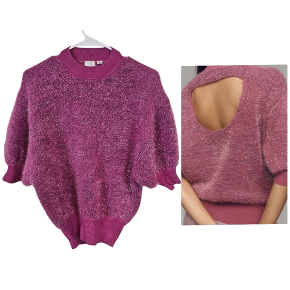 Maeve Sweaters - Maeve Anthro Violetta Tinsel Short Sleeve Pullover Sweater Open Back Mock Neck
